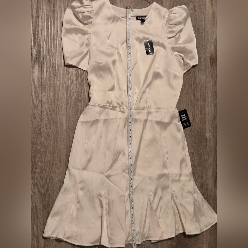Express satin puff sleeve ruffle mini dress in a cream color. - Picture 5 of 9